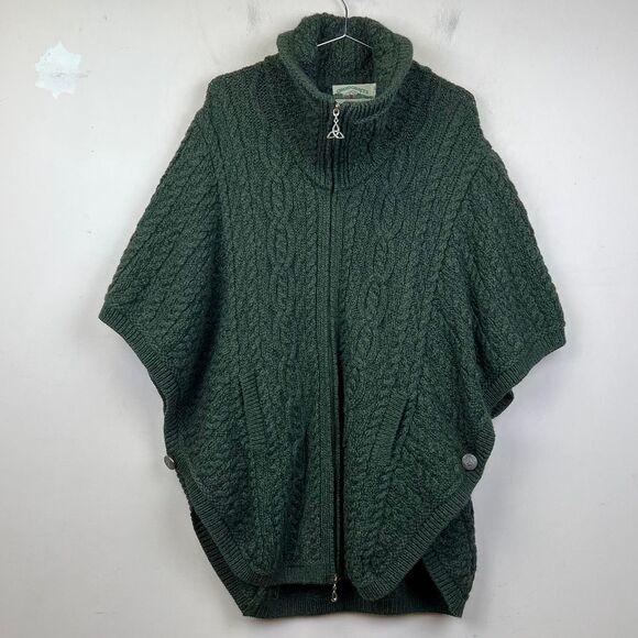 Aran Crafts 100% Merino Wool Cardigan Poncho Sweater M/L Green Irish - Picture 1 of 7